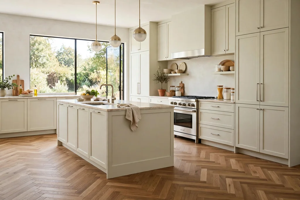 Kitchen with herringbone wood floors and pale cabinets.
