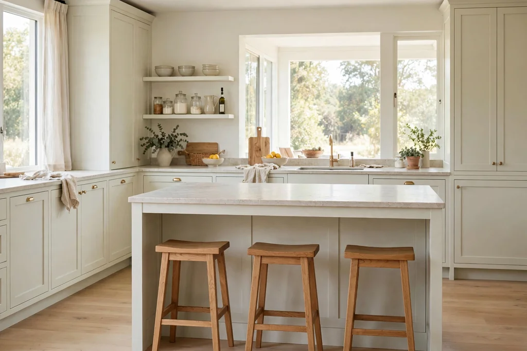 Kitchen island with a light stone top and wood stools.