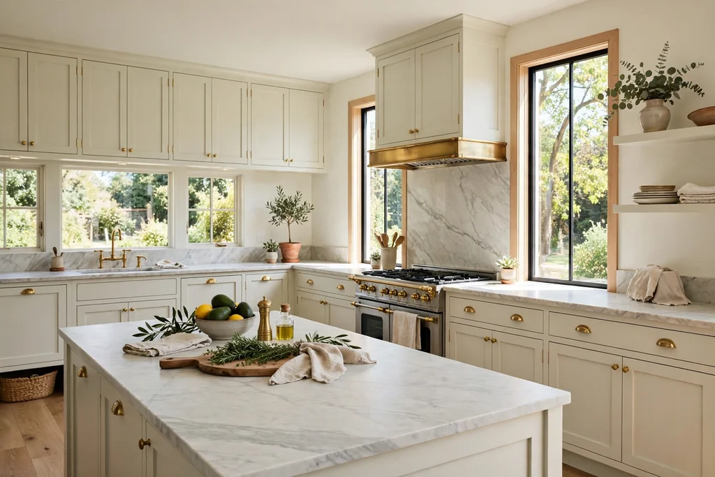 Kitchen with marble counters showing gentle grey veining.