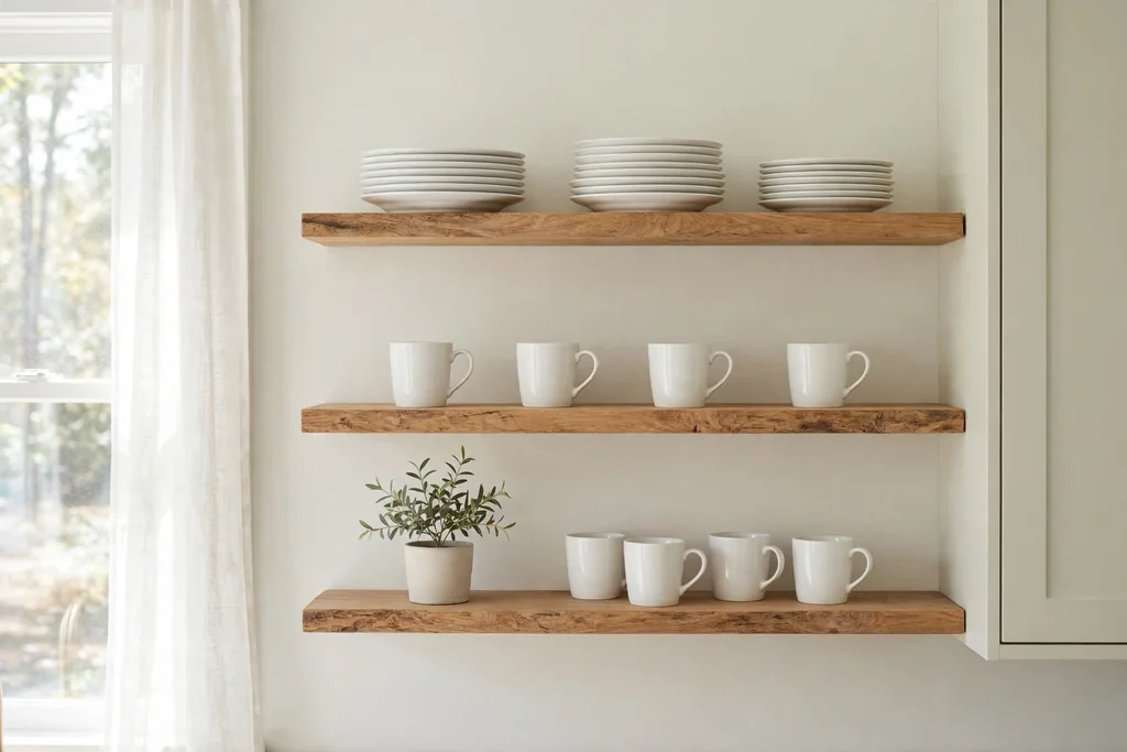 Open wood shelves holding white plates and mugs.