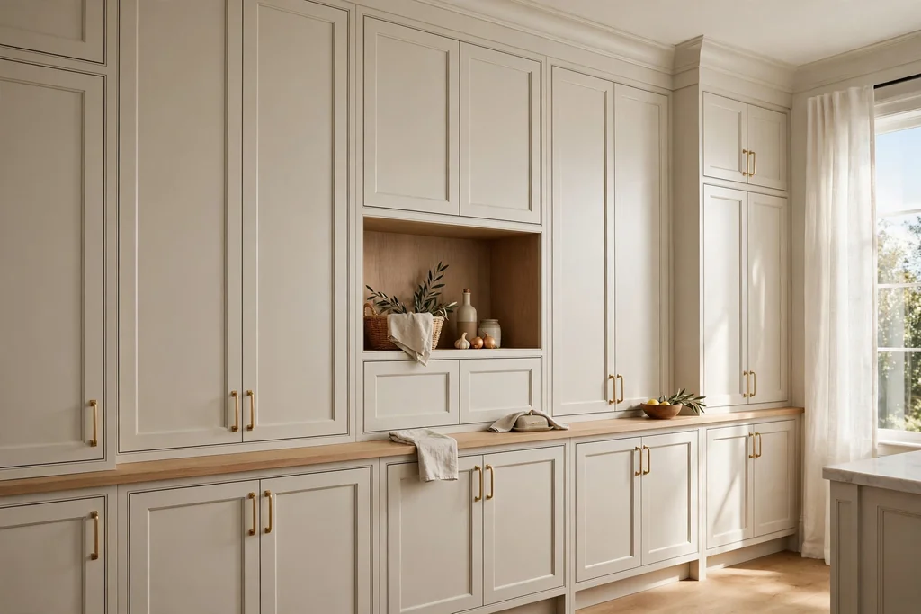 Floor to ceiling pantry wall in a soft neutral color.