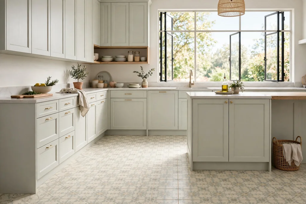 Kitchen with soft patterned floor tile in cream and pale grey.