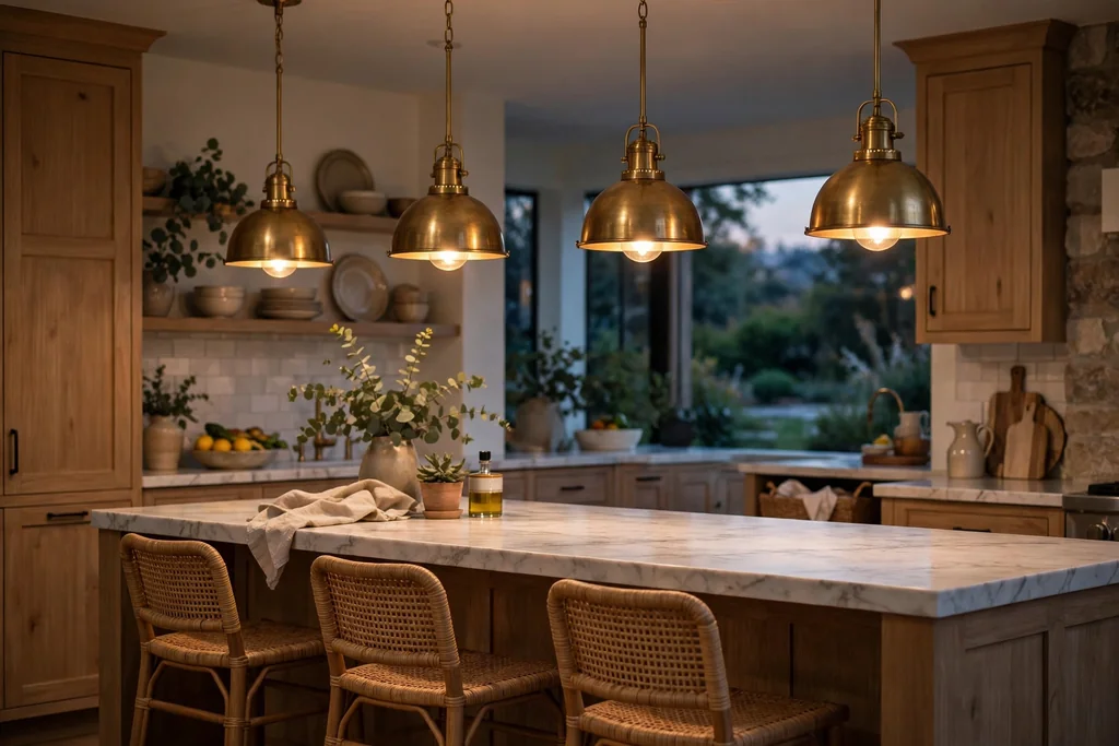 Brass pendant lights hanging over a kitchen island.