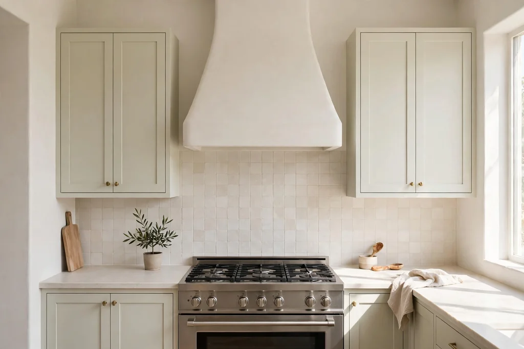 Kitchen cooking wall with a plaster range hood above a range.