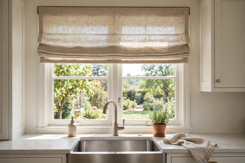 Kitchen window with a linen roman shade above a sink.