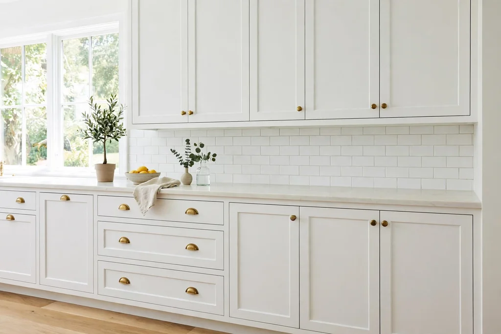 White Shaker kitchen cabinets with brass cup pulls and knobs.