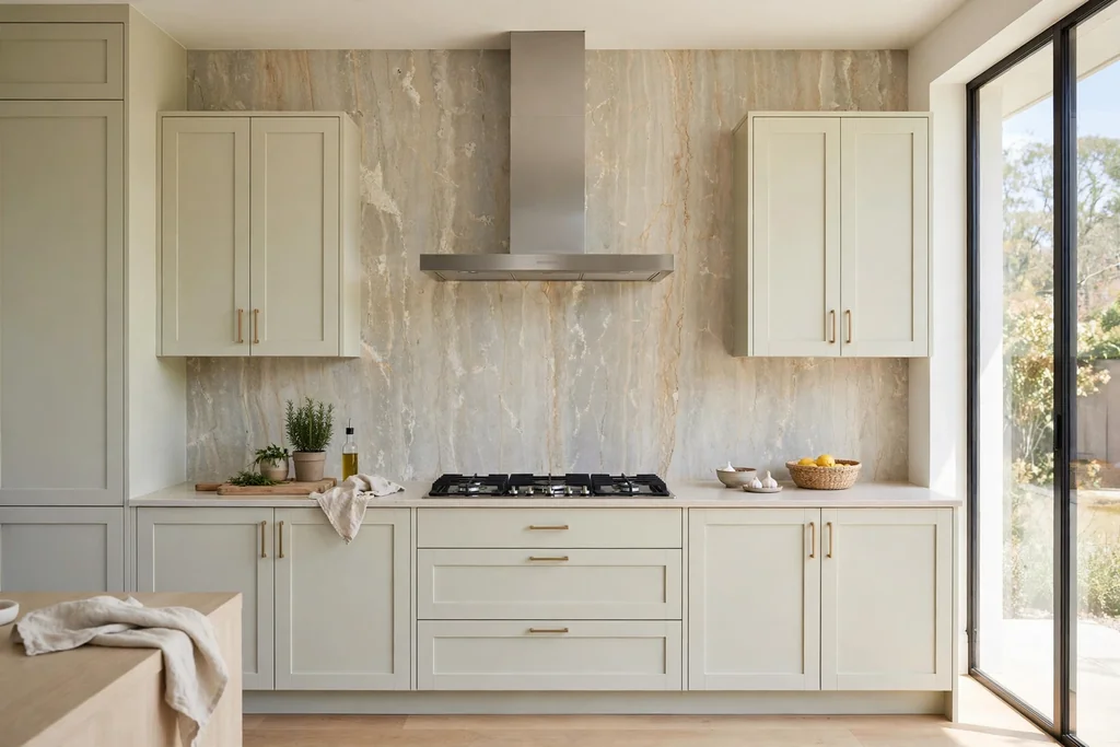 Kitchen with a full height stone slab backsplash.
