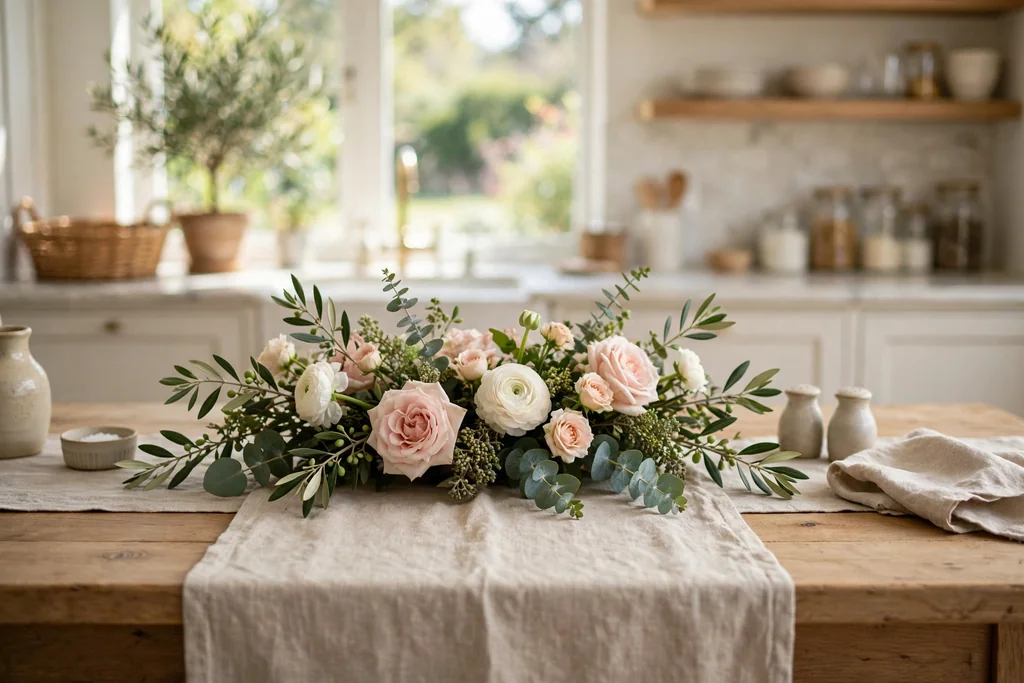Kitchen table with a low centerpiece of fresh flowers.