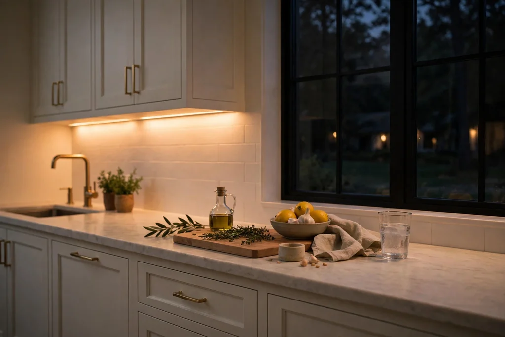 Kitchen counter lit by warm under cabinet lighting.