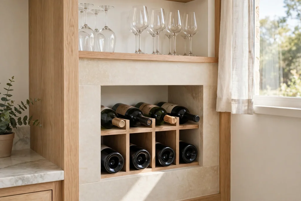Small kitchen wine niche with bottles and glasses.