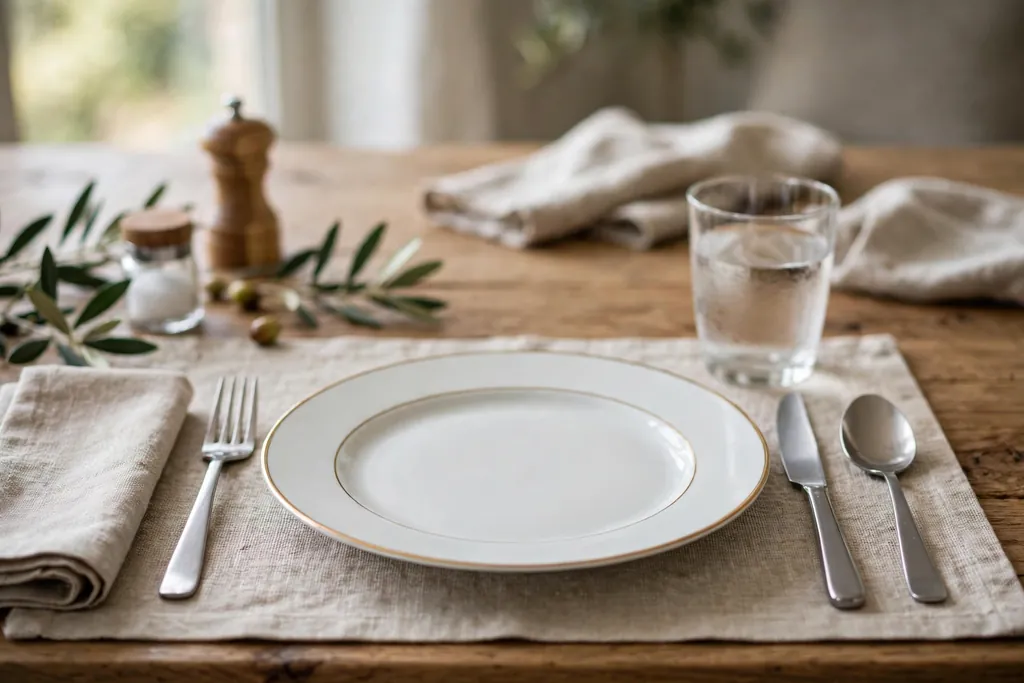 Place setting with white plates with thin gold rims, plain cutlery, and a clear glass.
