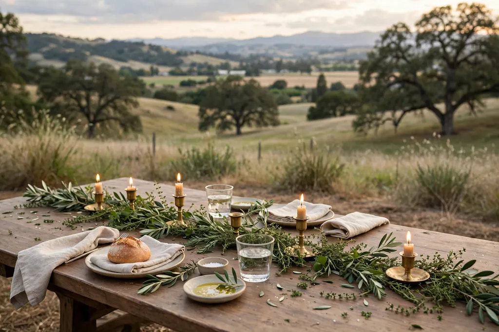 Dining table with a low greenery sprig runner and short candles in holders.