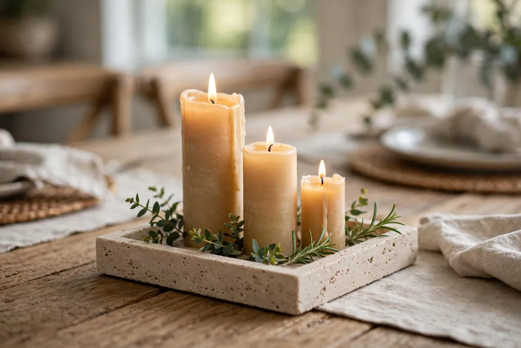 Small tray with candles of different heights and short sprigs at the center of a dining table.