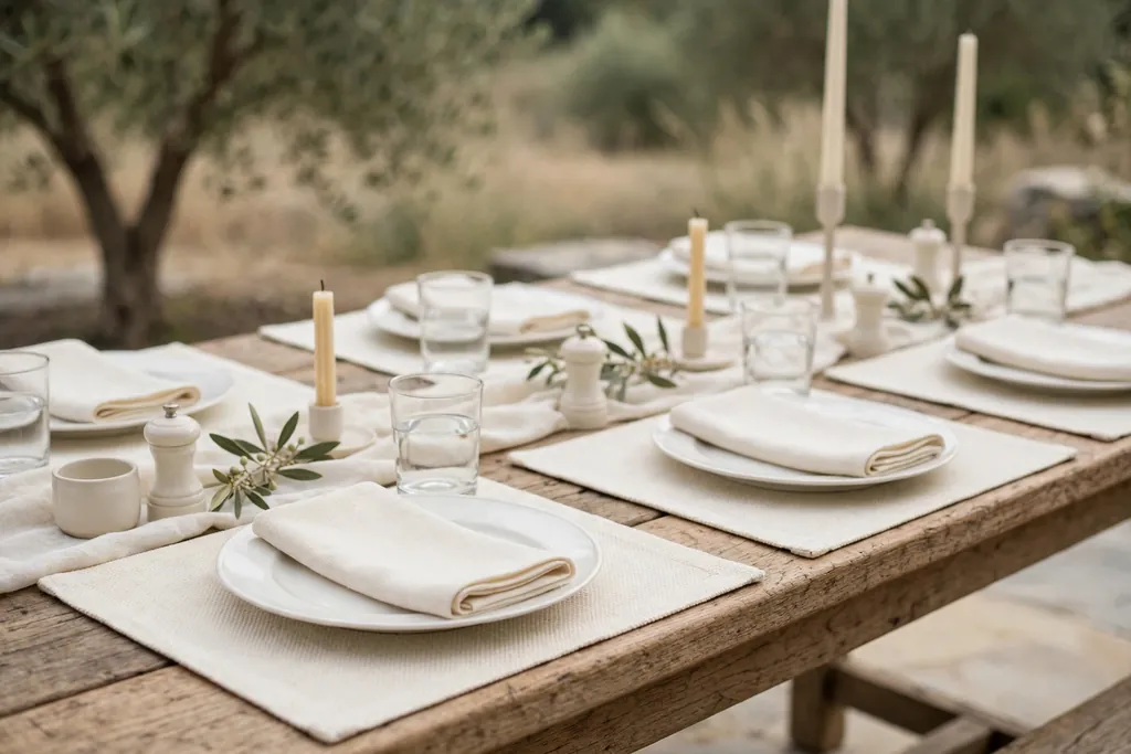 Cream on cream place settings with white plates, cream placemats, and cream napkins.