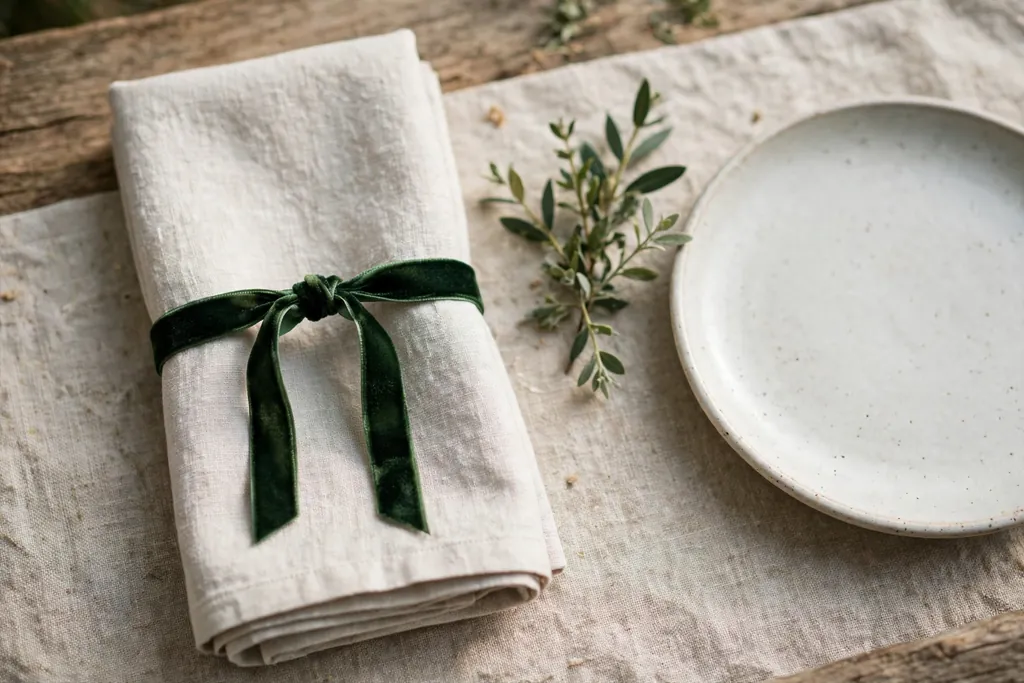 Folded napkin tied with narrow deep green velvet ribbon and a small greenery sprig.