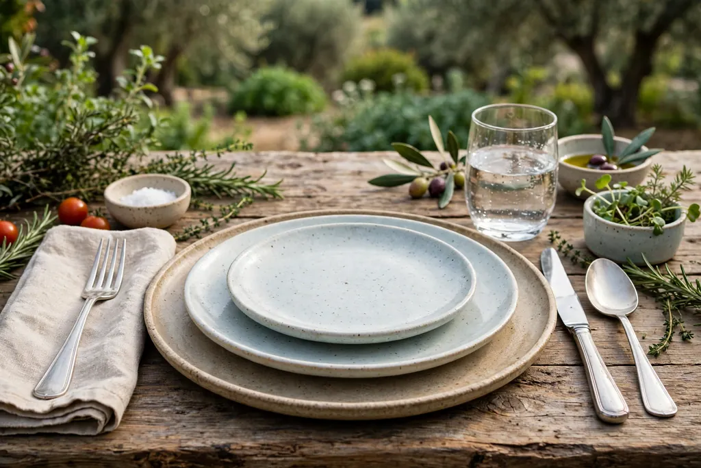 Layered dinner plate with a smaller salad plate centered on top at a place setting.
