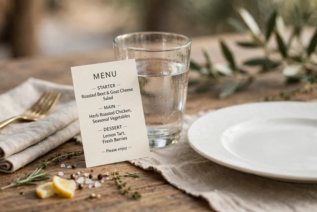 Place setting with a small printed menu card leaning against a clear glass.