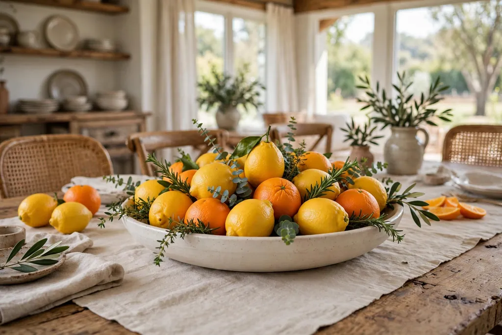 Wide shallow bowl of lemons and oranges with short greenery sprigs as a centerpiece.