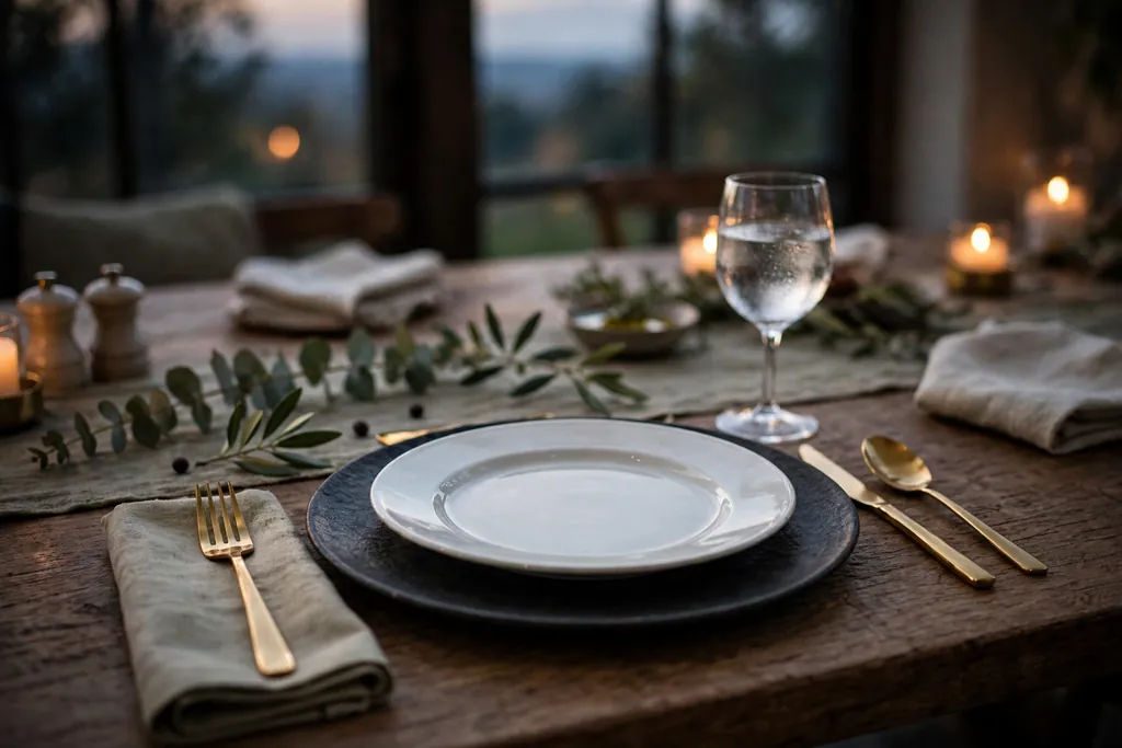 Evening place setting with a dark charger, white plate, and gold cutlery.