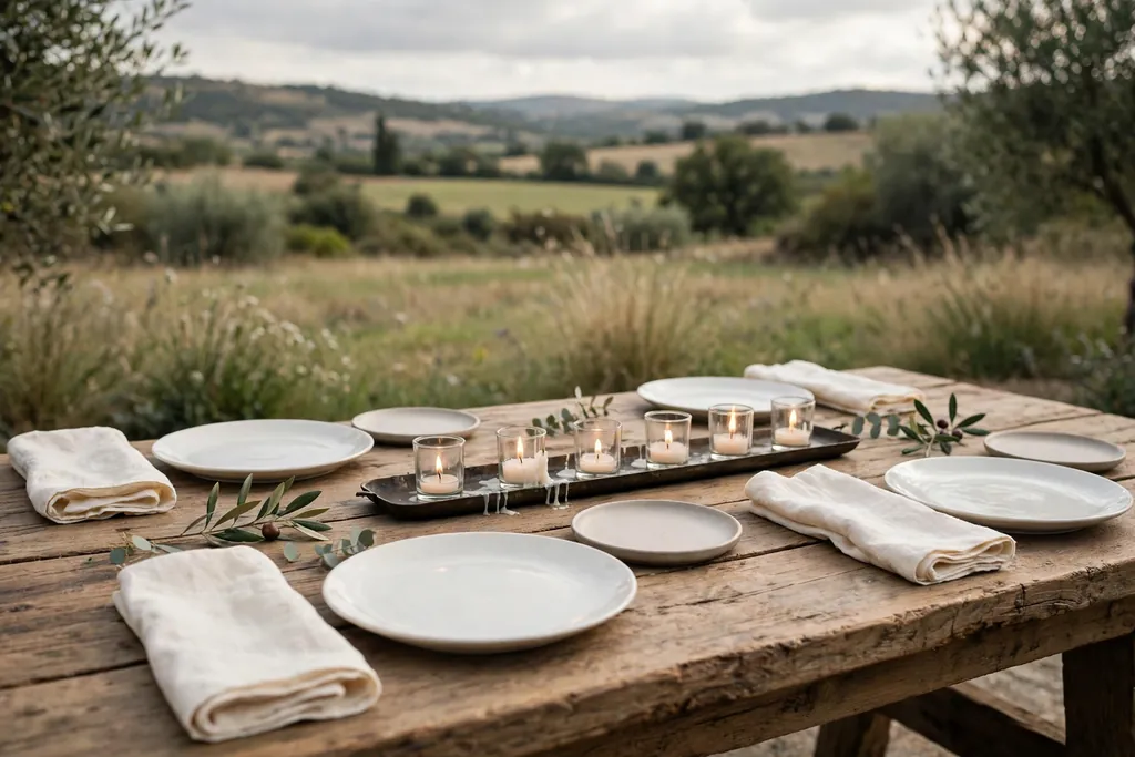 Bare wood dining table with cream linen napkins, plain plates, and a low candle tray.