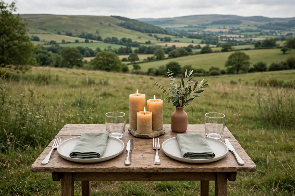 Small table for two with matching settings, one candle group, and a small vase of sprigs.