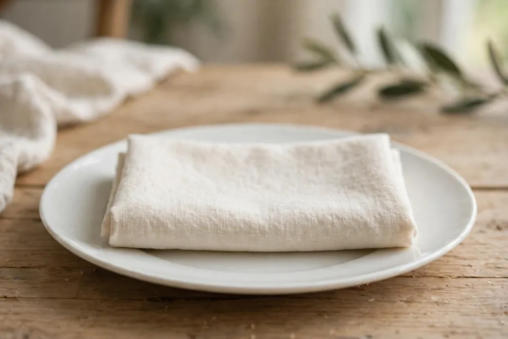 Cream linen napkin folded in a simple rectangle on a white plate.