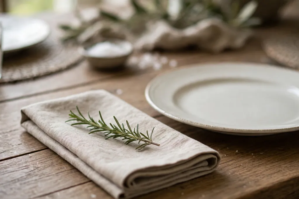 Folded napkin with a single short rosemary sprig laid across it beside a plate.