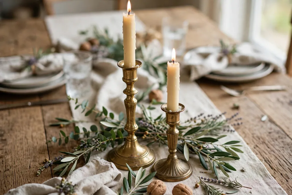 Dining table center with brass candlesticks of two heights holding cream taper candles.