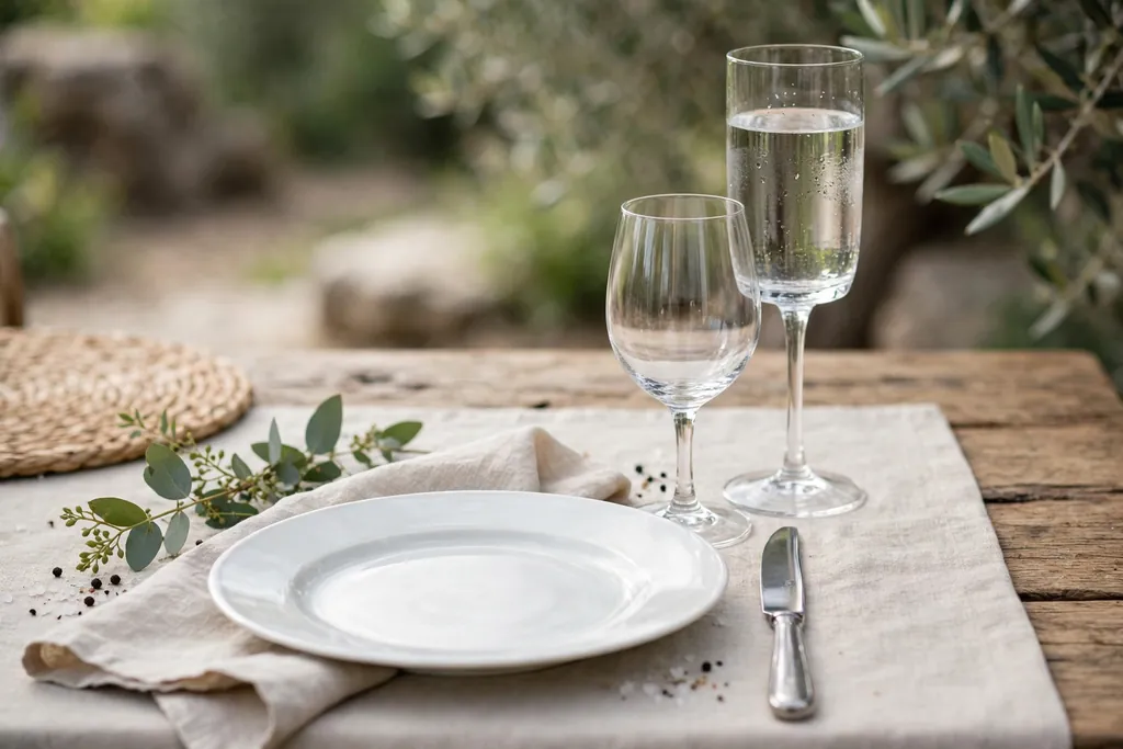 Place setting with clear water and wine glasses above the knife beside a white plate.