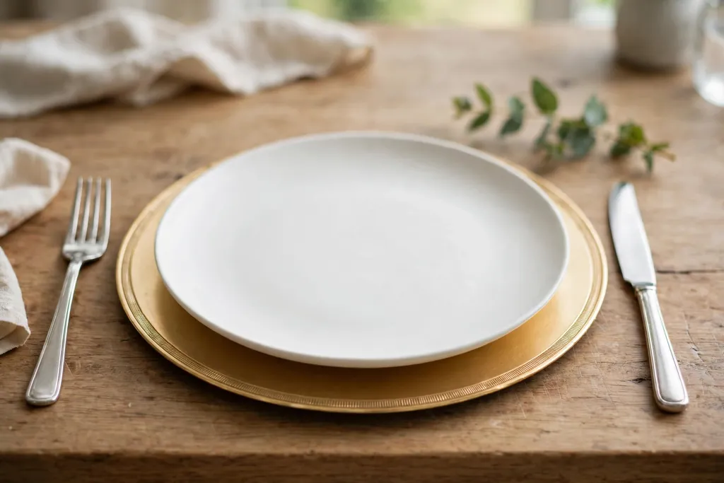 White dinner plate centered on a slim gold charger with plain cutlery.