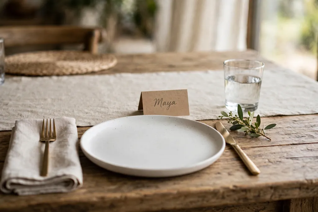 Place setting with a small handwritten place card and a short green sprig beside the plate.