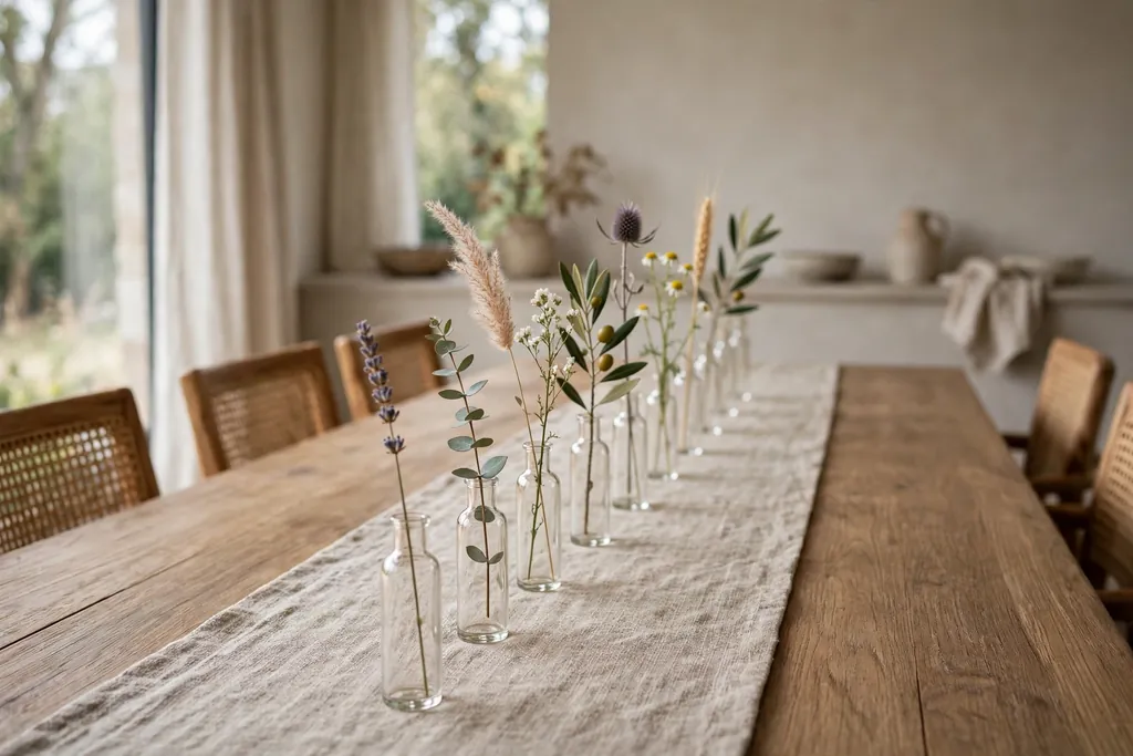 Row of small bud vases with single stems down the center of a dining table.