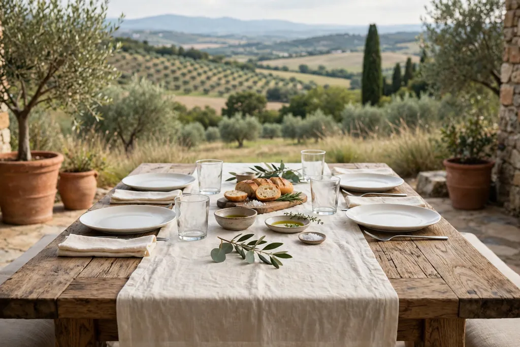 Dining table with a cream linen runner, plain white plates, and simple glasses.