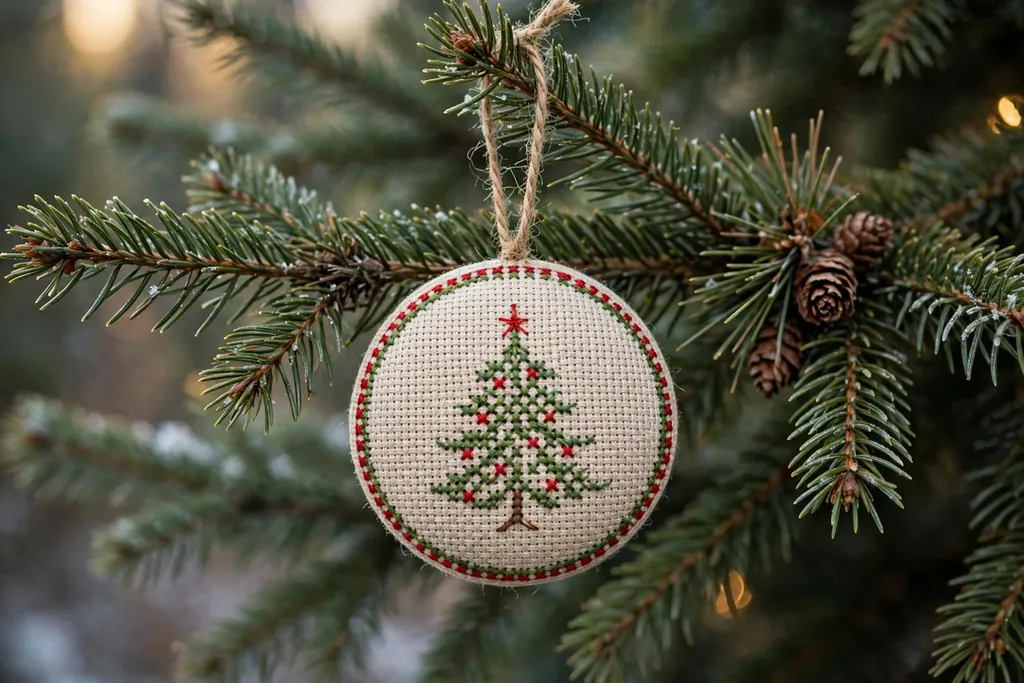 Cross stitch bauble ornament with a small tree motif hanging on a Christmas tree branch.