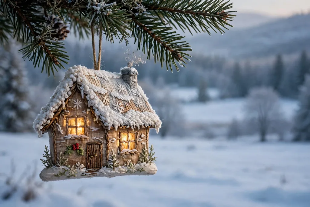 Embroidered cottage ornament with a snowy roof and warm windows.