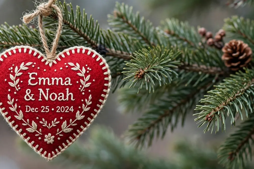 Red embroidered heart ornament with a stitched name and date in cream thread.