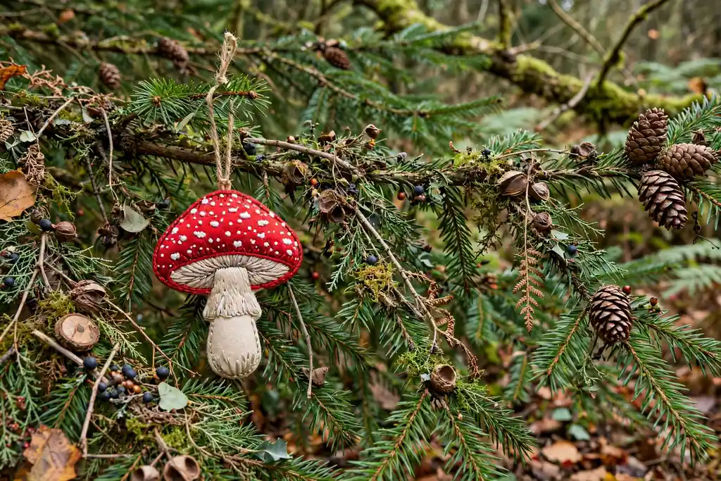 Embroidered mushroom ornament with a red cap and white dots.