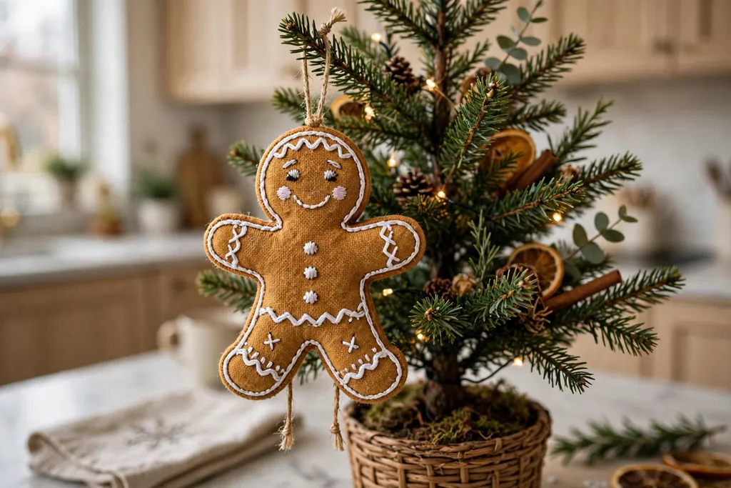 Embroidered gingerbread figure ornament with white icing stitches.