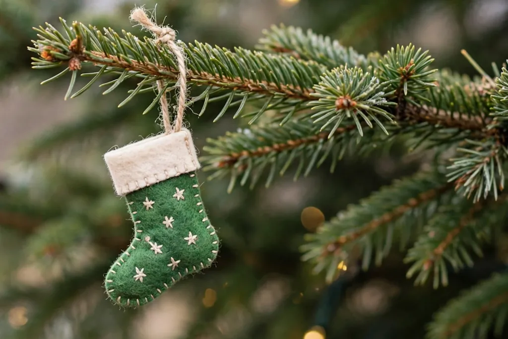 Mini embroidered stocking ornament in green felt with a cream cuff and star motif.