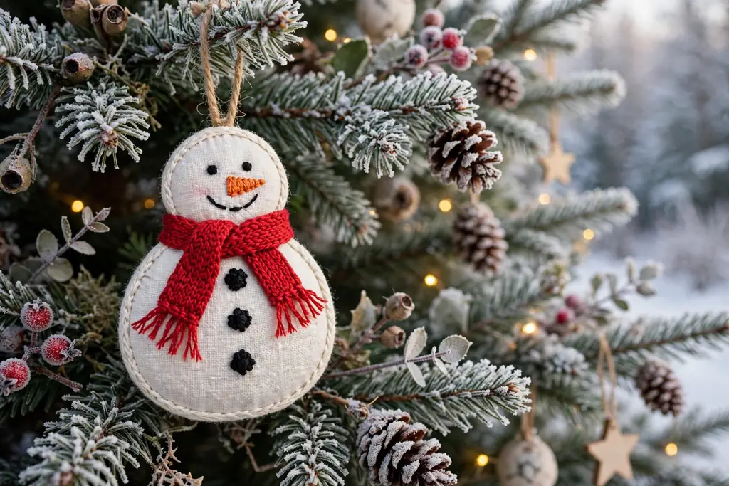 Embroidered snowman ornament with a red scarf and black button knots.
