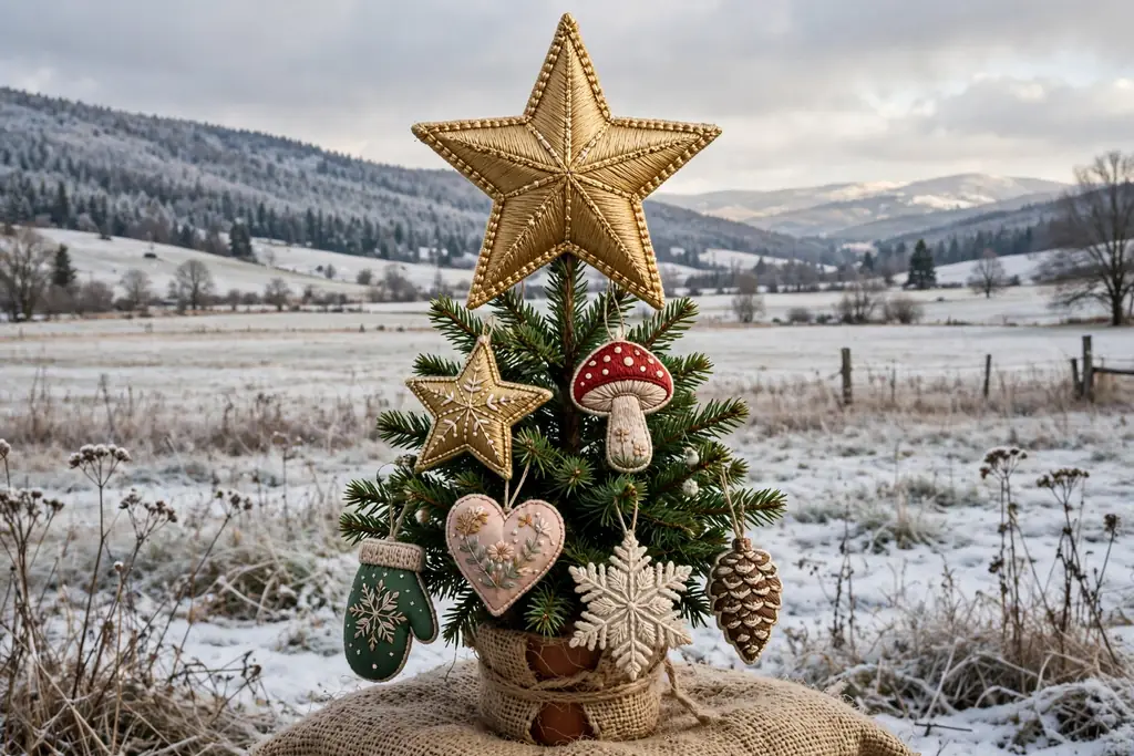 Large embroidered gold star tree topper with satin stitch points on a small Christmas tree.