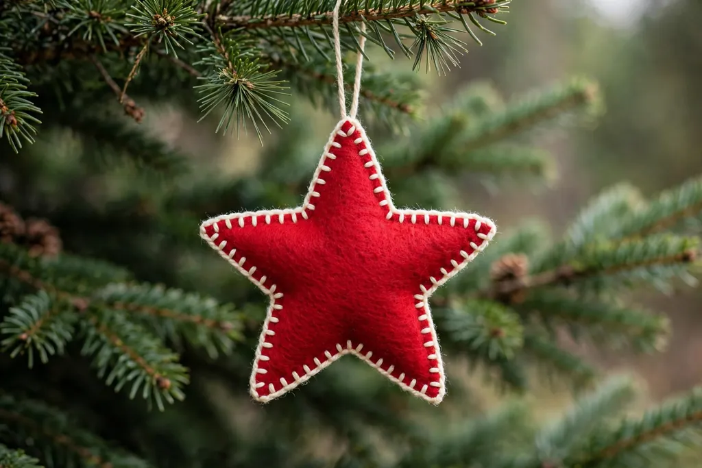 Red felt star ornament with cream blanket stitch edges hanging on a Christmas tree.