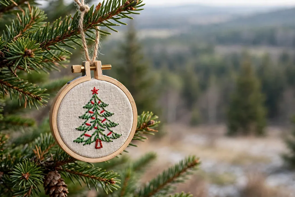 Mini wooden embroidery hoop ornament with a stitched Christmas tree design.