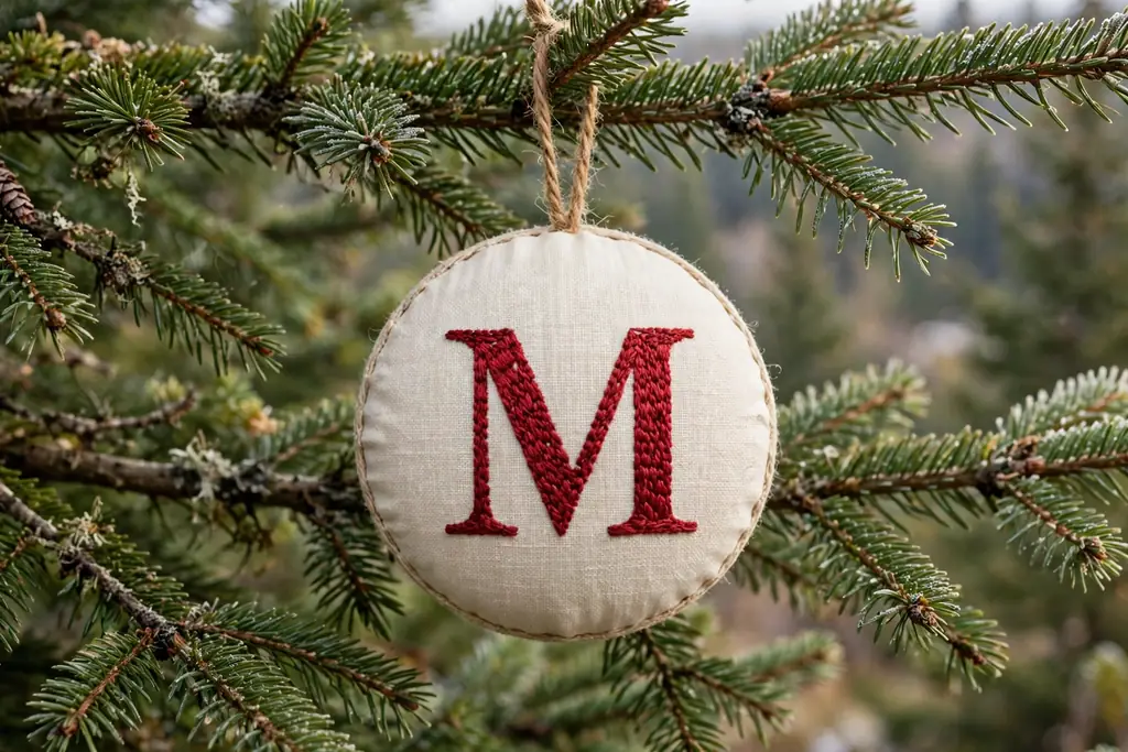 Cream linen ornament with a large embroidered initial in deep red thread.