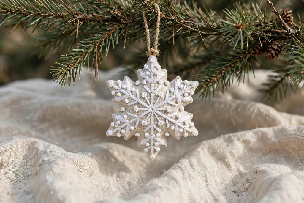 White embroidered snowflake ornament on natural linen with French knot details.