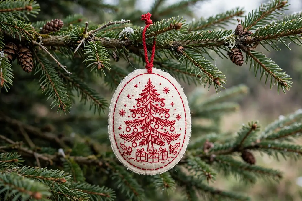 Redwork Christmas tree ornament stitched in red thread on cream fabric.