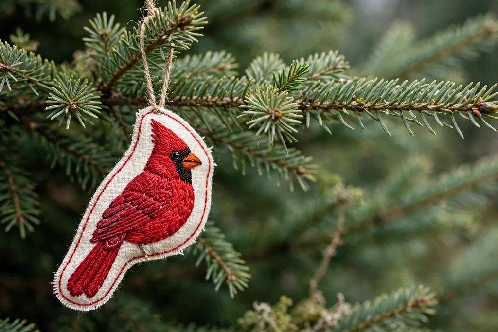 Embroidered cardinal bird ornament in red thread on cream fabric.