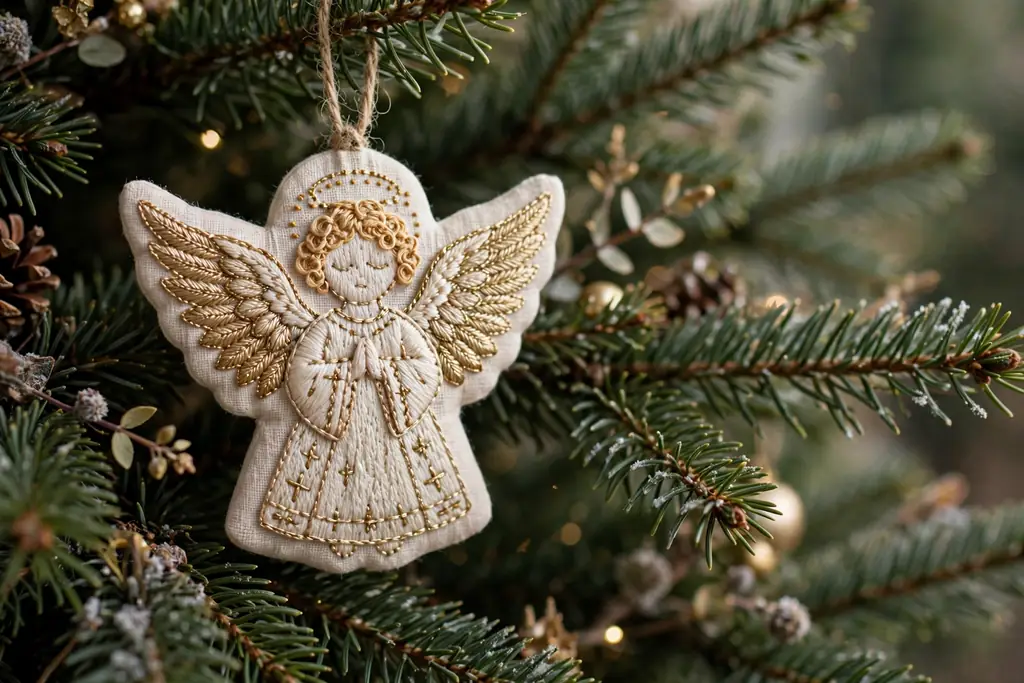 Embroidered angel ornament in cream and gold thread hanging near the top of a tree.