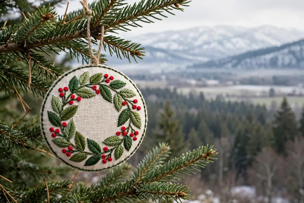 Round embroidered wreath ornament with green leaves and red berry knots.