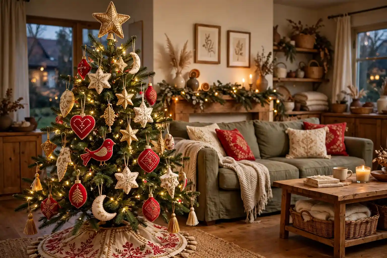 Christmas tree decorated with embroidered ornaments in red, cream, and gold with a stitched star topper.